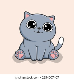Cat Sitting Cartoon - Cute Gray Cat Kawaii Sit