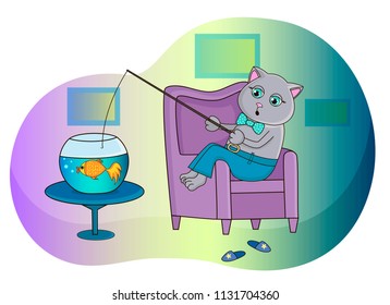 Cat sitting in a chair and fishing in the aquarium