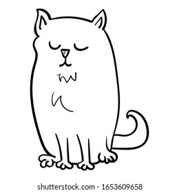 The cat is sitting with closed eyes. Coloring page or book adult and kids. Vector doodle illustration 