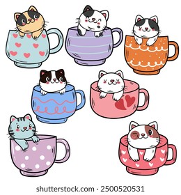 Cat Sitting in Coffee Cup Cartoon Set - Vector Clipart.