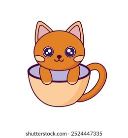 Cat Sitting in Coffee Cup Vector Illustration – Cute Cartoon Clipart and Line Art Design