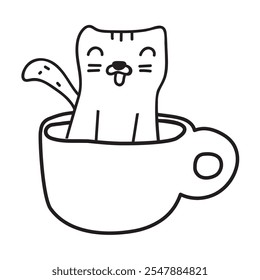 Cat sitting in a coffee cup. Vector graphic design. Outline icon. Illustration on white background.