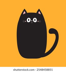 Gato sentado. Cara de gordura bonita. Gatinho engraçado. Ícone de silhueta preta. Animal de estimação kawaii. Feliz Dia das Bruxas. Personagem engraçado de desenho animado. Estilo infantil. Design plano. Fundo amarelo. Isolado. Vetor