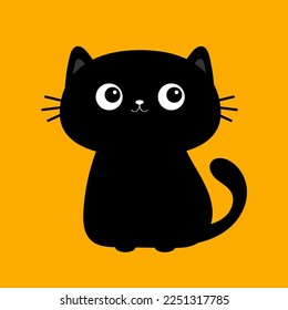 Cat sitting. Cute head face. Black kitten. Kawaii funny baby pet animal. Cartoon character. Meow. Notebook cover, tshirt, greeting card print. Flat design. Orange background. Vector illustration