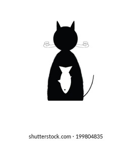 cat sitting with fish in stomach silhouette vector illustration