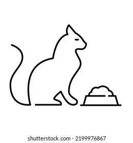 Cat sitting in front of a bowl full of food. Pet supplies icon. Pixel perfect, editable stroke line