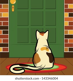 Cat sitting in front of the door step. EPS 10