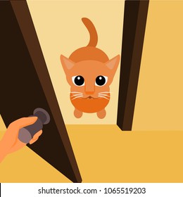 A cat is sitting in front of the room while opening the door. illustration.