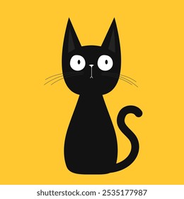 Cat sitting. Funny kitten. Cute face head. Black silhouette icon. Big ears. Kawaii pet animal. Cartoon funny baby character. Childish style. Happy Halloween. Flat design. Yellow background. Vector