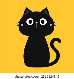 Cat sitting. Funny kitten. Cute face head. Black silhouette icon. Kawaii pet animal. Cartoon funny baby character. Childish style. Happy Halloween. Flat design. Yellow background. Vector illustration