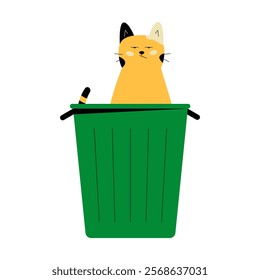 Cat Sitting In Green Trash Bin In Flat Vector Illustration Symbolizing Curiosity, Mischief, And Empty Trash, Isolated On White Background