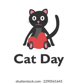 The cat is sitting with a heart on a white background. A cat for a postcard, poster, advertising company, website design, T-shirt. Cat in the doodle style. 10 EPS. Vector illustration of a sitting cat