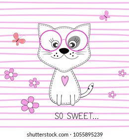 Cat sitting and inscription so sweet. Hand drawn Valentines Day Greeting card with charming kitty on white background. Vector illustration.