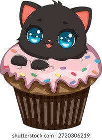 Gato Sentado Dentro Del Vector De Comida Del Gatito Dulce De La Magdalena
