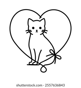 Cat Sitting Inside a Heart Outline Line Art Style