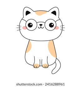 Cat sitting. Kitten in glasses. Face head line contour silhouette icon. Funny kawaii smiling doodle animal. Pink cheeks, ears, tail. Cute cartoon pet character. Flat design. White background. Vector