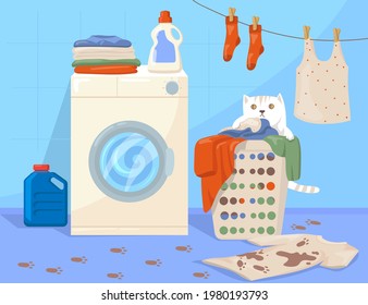 Cat sitting in laundry basket cartoon illustration. Traces of paws, clothes hanging on rope, dirty T-shirt on floor, washing machine with detergent on top. Routine, pets, chores, laundry concept