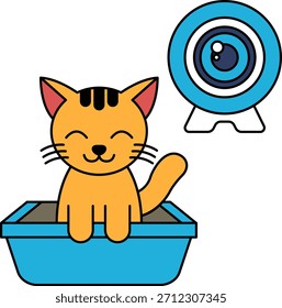 Un gato está sentado en una caja de arena con una cámara detrás. El gato está sonriendo y él es feliz