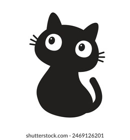 Cat sitting, looking. Black kitten with big eyes face. Cute cartoon kawaii funny baby pet character. Greeting card Banner Sticker print. Childish style. Flat design. White background. Vector