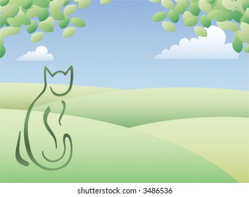 Cat sitting looking over green hills