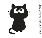 Cat sitting, looking upstairs. Black kitten with big eyes face. Cute cartoon kawaii funny baby pet character. Childish style. Greeting card Banner Sticker print. Flat design. White background. Vector