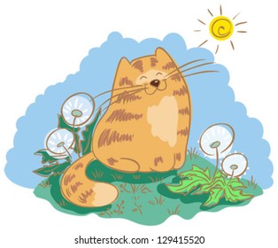 Cat sitting in the meadow with dandelions. Cat is squinting against the sun.