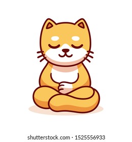 Cat sitting in meditation, cartoon drawing. Cute funny ginger kitty meditating in lotus position, vector clip art illustration.