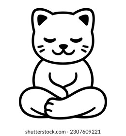 Gato sentado en meditación, dibujo de caricaturas. Un gracioso doodle blanco y negro de gatito meditando en la posición del loto. Ilustración de imagen de clip vectorial.