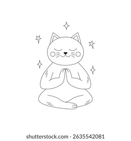 Cat sitting in a meditative pose with its eyes closed and surrounded by  stars on a white background.