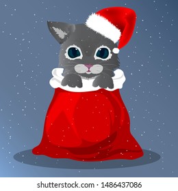 The cat is sitting in a New Year's bag. New Year hat. Vector art