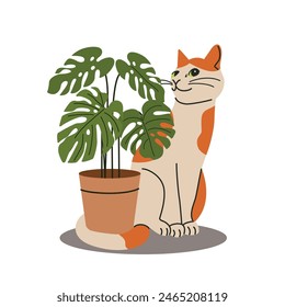 Cat is sitting next to a houseplant. Vector flat style illustration