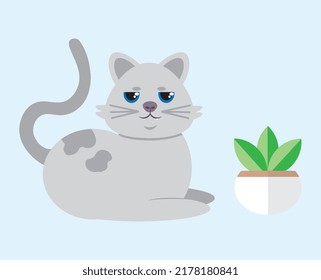 Gato sentado al lado de la olla de la planta al estilo vectorial plano. ilustración vectorial de dibujos animados