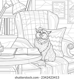 The cat is sitting on a armchair.Coloring book antistress for children and adults. Illustration isolated on white background.Zen-tangle style. Hand draw