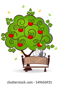 cat sitting on a bench under an apple tree and look for butterflies