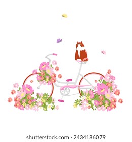 un gato está sentado en una bicicleta. ilustración vectorial con flores. imagen de primavera y verano
