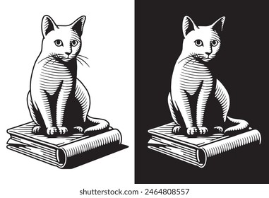 cat sitting on a book, hand drawn illustration