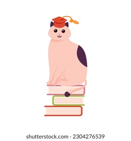 Cat sitting on books flat vector illustration. Domestic animal simple cartoon style illustration for graphic design.