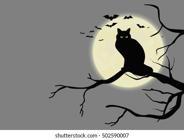 A cat sitting on a branch in front of the moon and bats flying around. Flat vector illustration