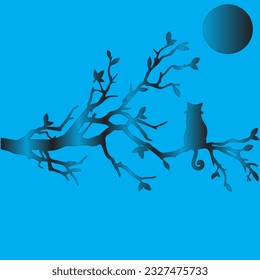 The cat is sitting on a branch, looking at the echo. Gradient on a blue background.