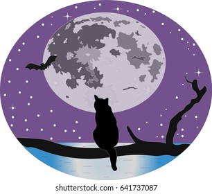 Cat sitting on a branch looking at a bat in the light of the magical moon.