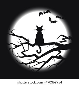 Cat sitting on a branch,
Vector illustration of a cat on a background of the moon.