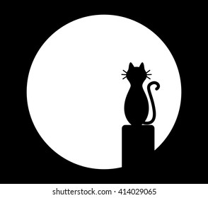 Cat sitting on chimney and looks at the fish moon. Vector black and white illustration.