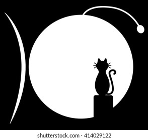 Cat sitting on chimney and looks at the moon. Vector black and white illustration.