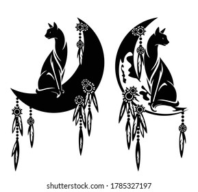 cat sitting on crescent moon decorated with feathers - sweet dreams dreamcatcher concept black and white vector design