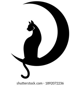 Cat sitting on the crescent Moon. 
 Black silhouette drawn on a white background. Tattoo, creative logo, wall decals, artwork, minimalist wall art, poster design