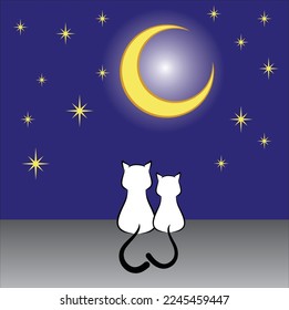Cat sitting on a crescent moon surrounded stars vector image illustration line art vector design