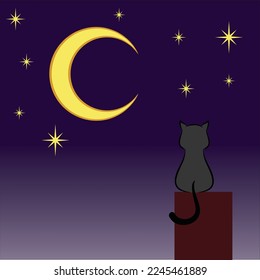 Cat sitting on a crescent moon surrounded stars vector image illustration line art vector design