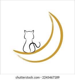 Cat sitting on a crescent moon  vector image illustration line art vector design