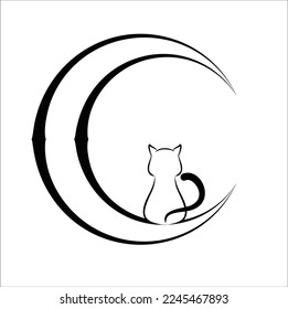 Cat sitting crescent moon  tattoo vector image illustration line art vector design
