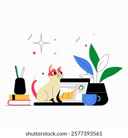 Cat Sitting On Desk With Laptop And Stationery In Flat Vector Illustration Symbolizing Productivity, Technology, And Home Office Setup, Isolated On White Background.